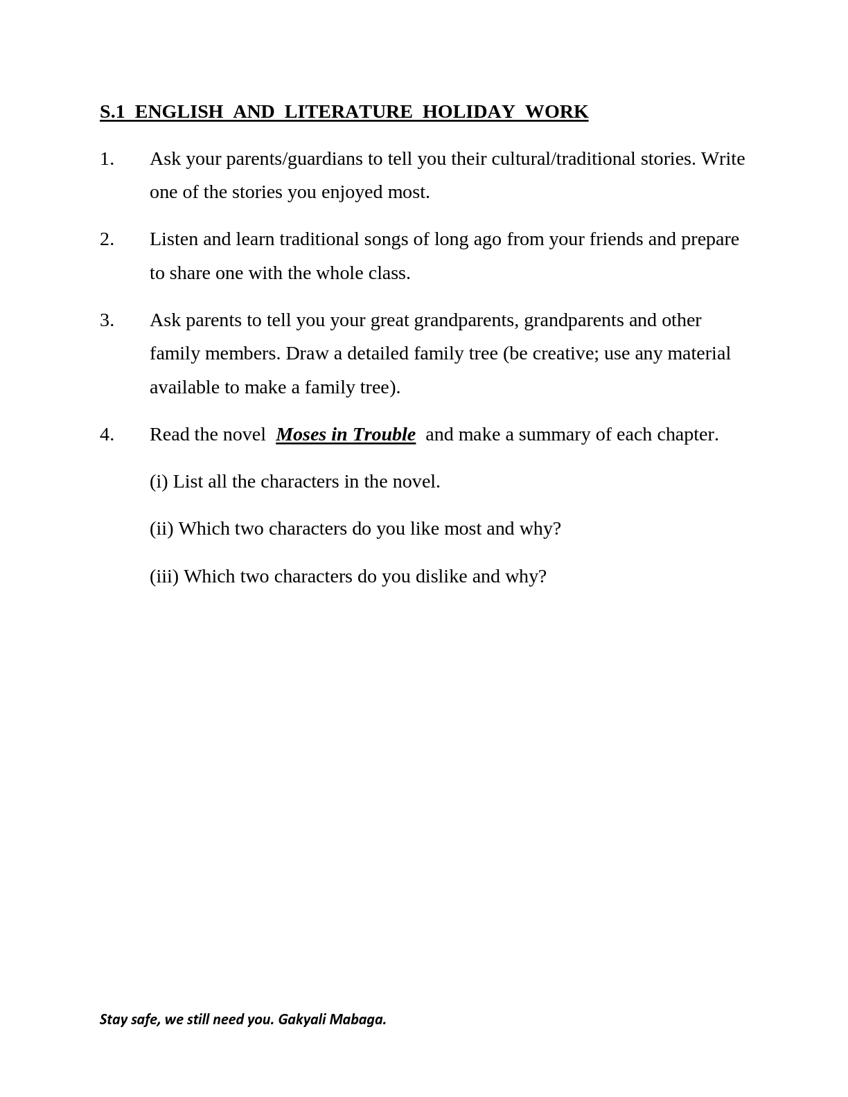 s 1 english and literature holiday work 2