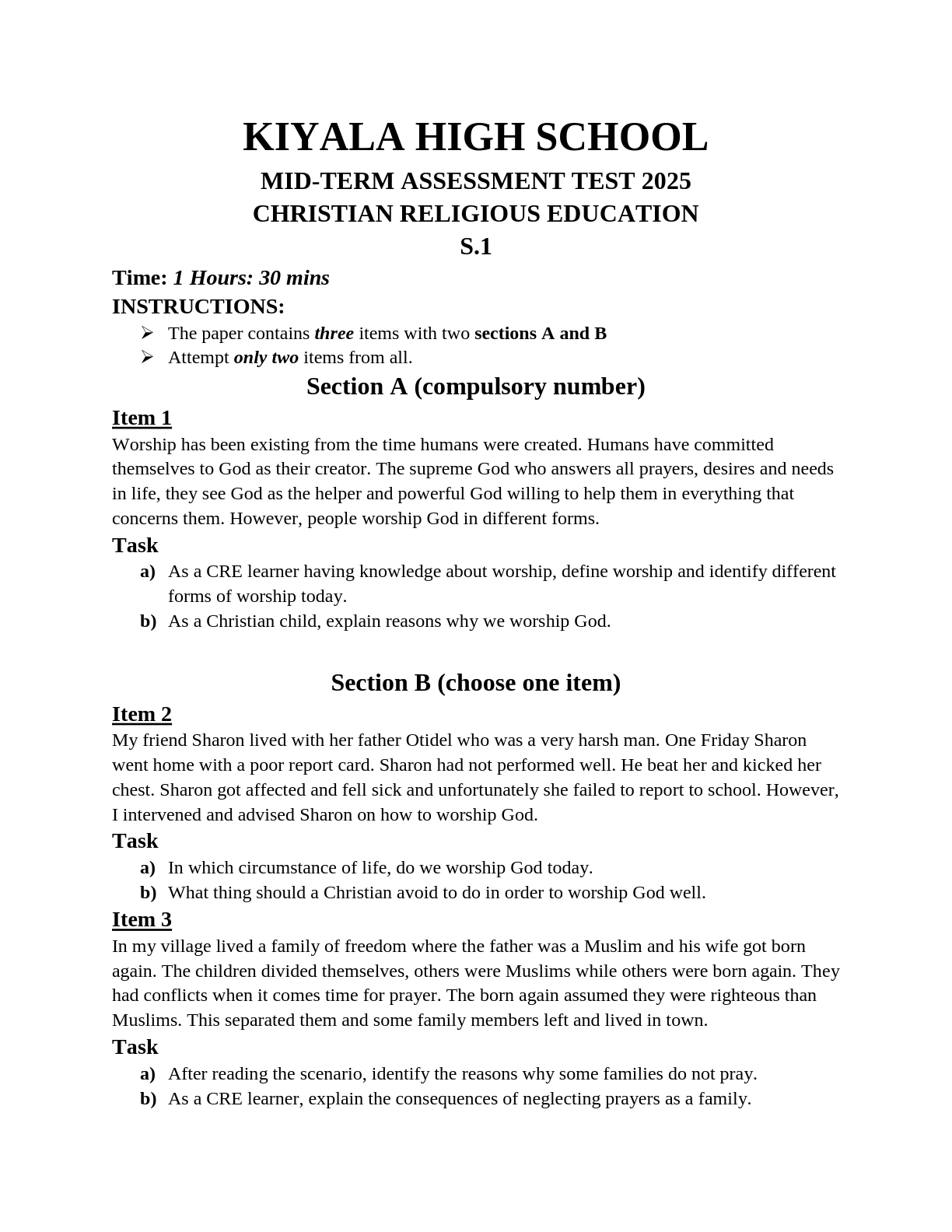kiyala high school mid term assessment test 2025 christian religious education s 1