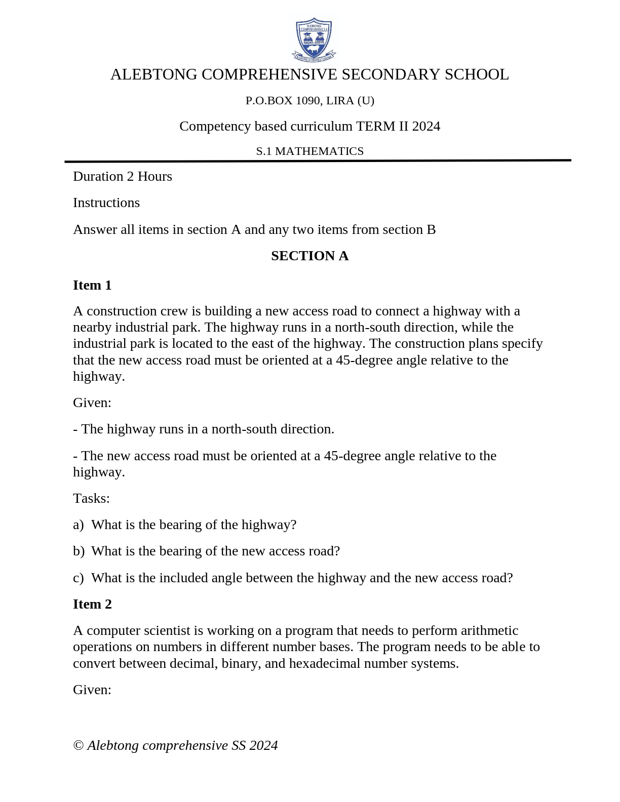 alebtong comprehensive secondary school s 1 mathematics term 2 2024