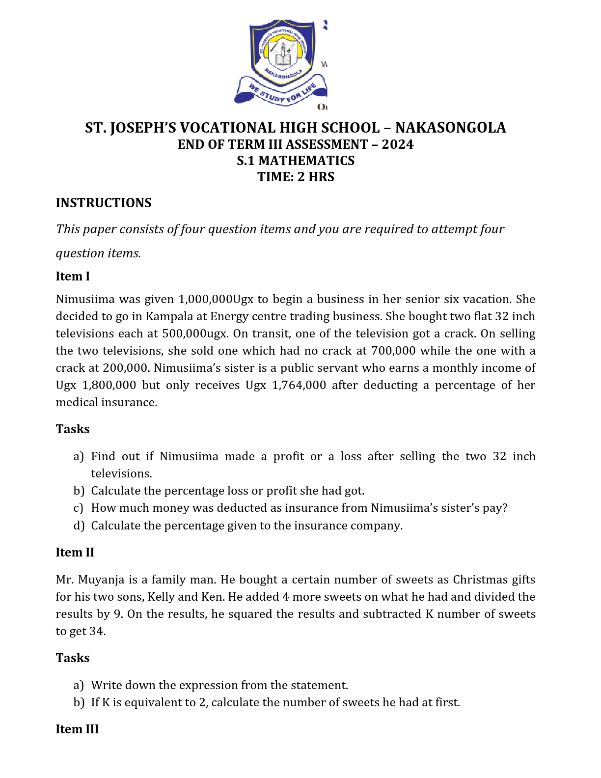 st josephs vocational high school end of term 3 assessment 2024 s 1 mathematics
