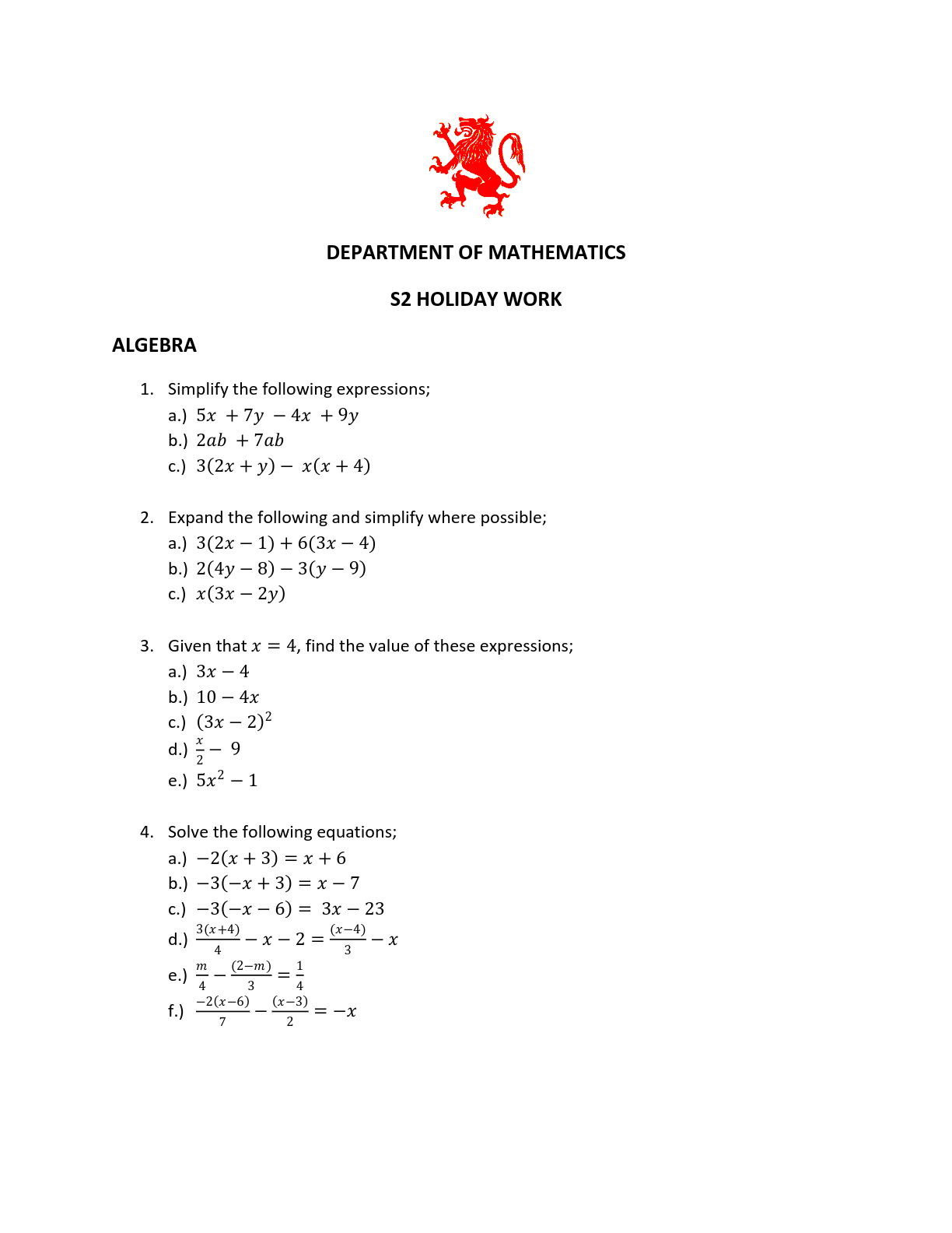 department of mathematics s2 holiday work 2023