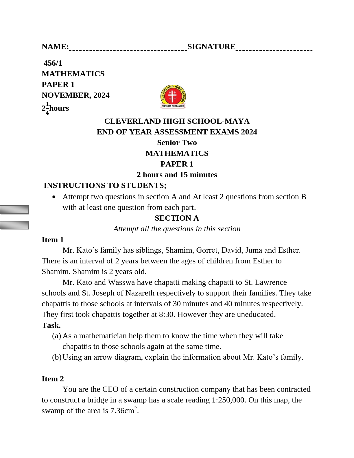 cleverland high school maya end of year assessment exams 2024 senior two mathematics paper 1