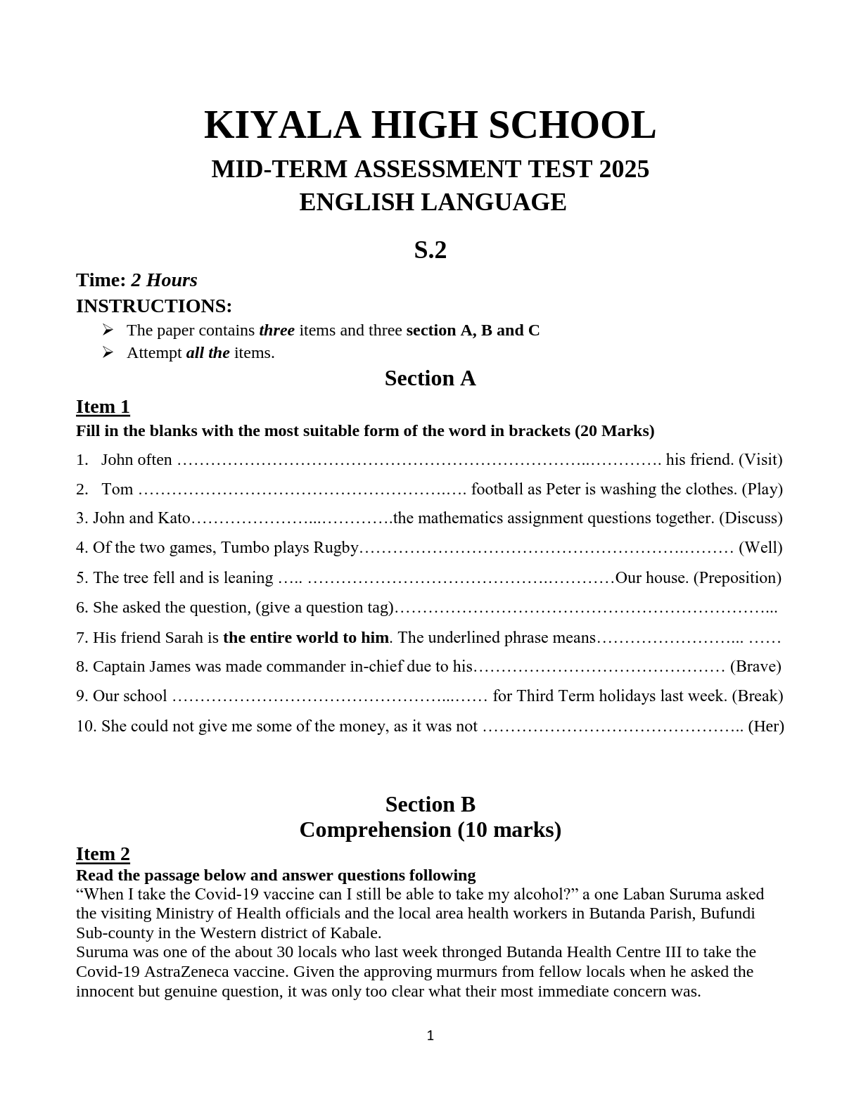 kiyala high school mid term assessment test 2025 english language s 2