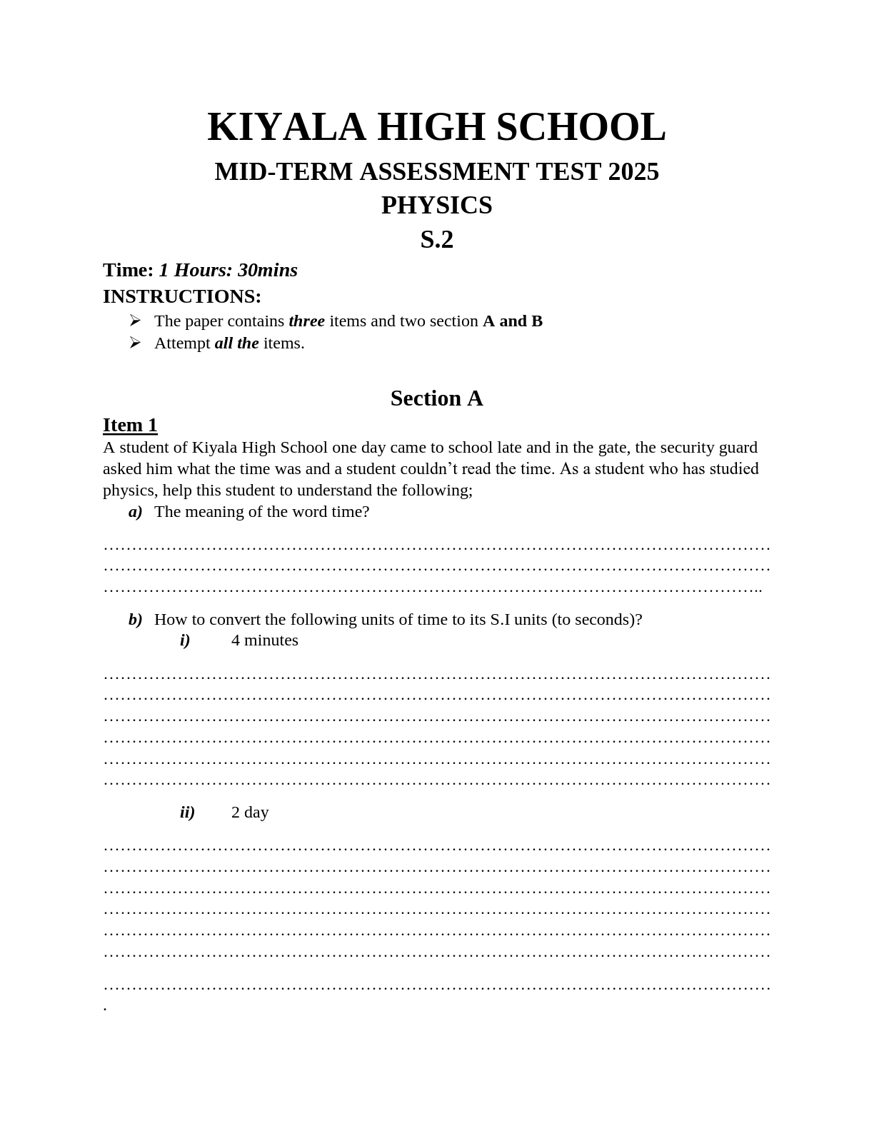 kiyala high school mid term assessment test 2025 physics s 2