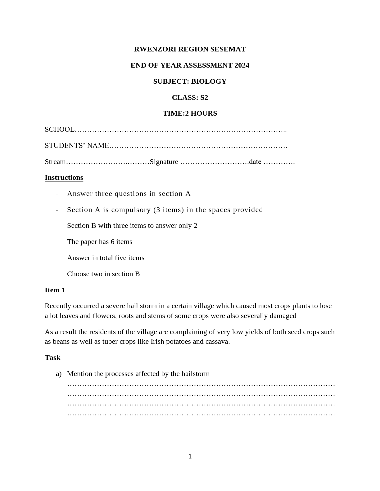s2 biology rwenzori region sesemat end of year assessment 2024 biology s 2