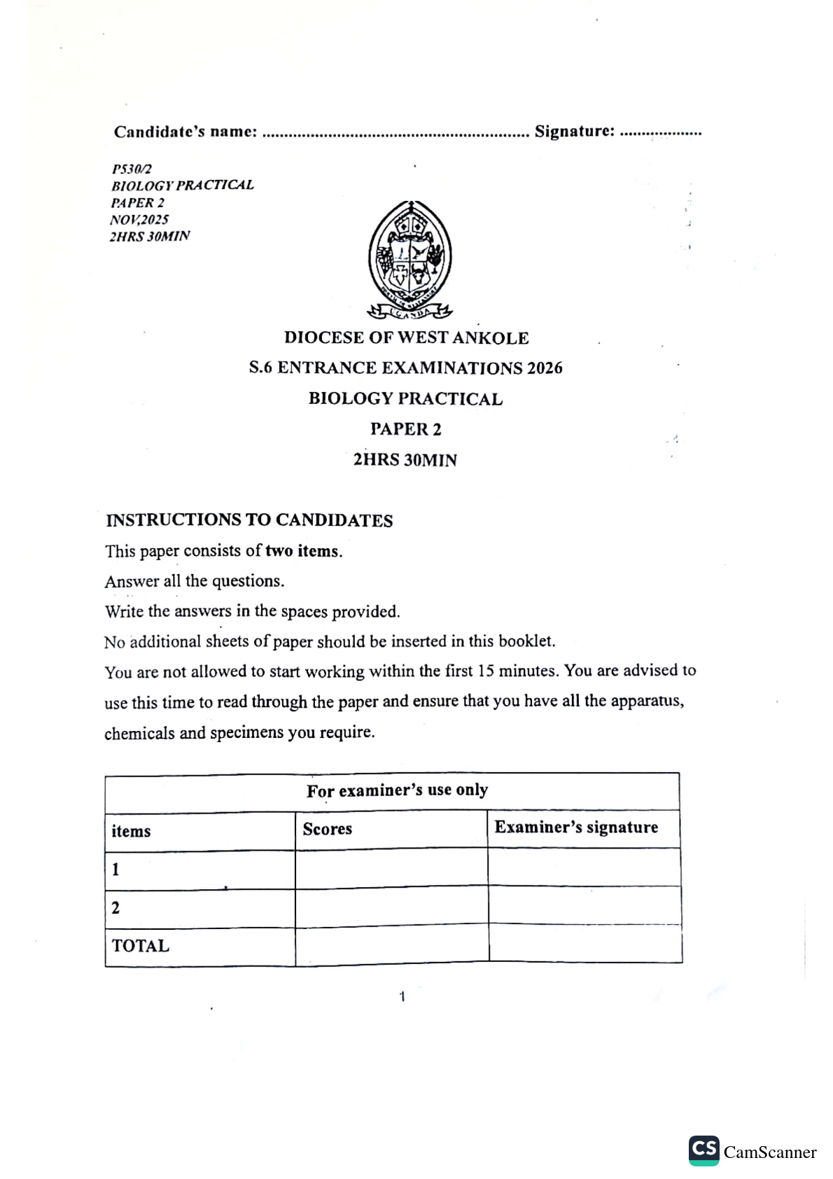 s5 entrance examinations 2026 biology practical paper 2 new curriculum diocese of west ankole