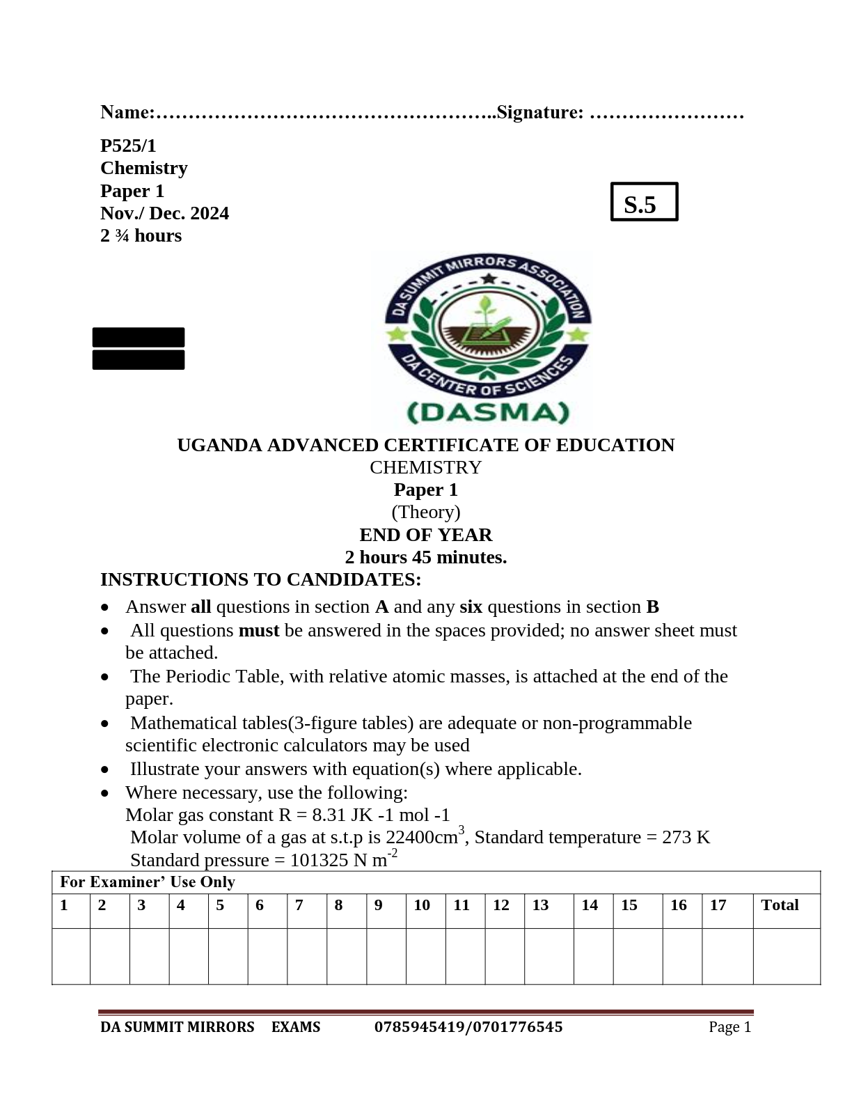 s5 chemistry paper i theory 2024 dasma