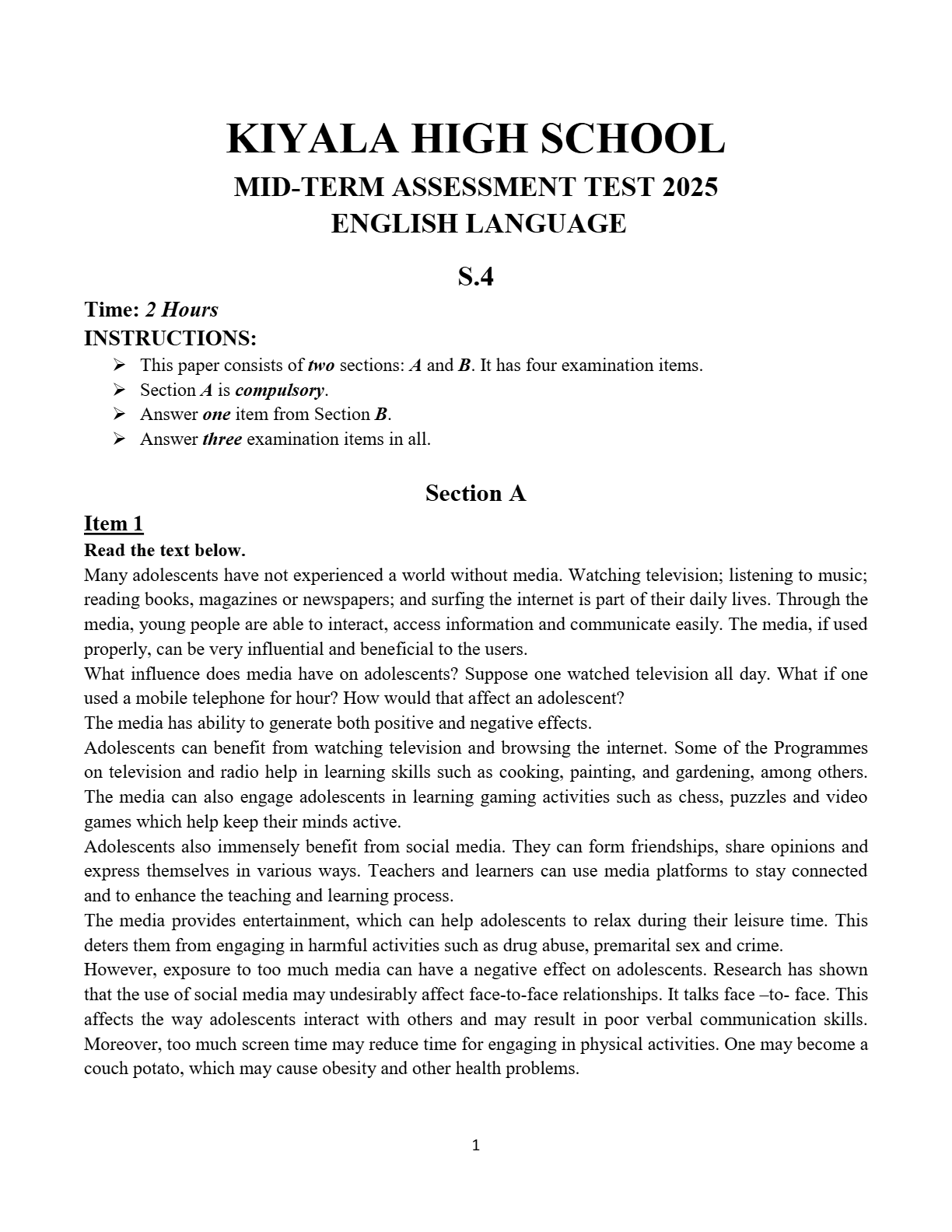 KIYALA HIGH SCHOOL S.4 ENGLISH MID TERM EXAMINATIONS 2025