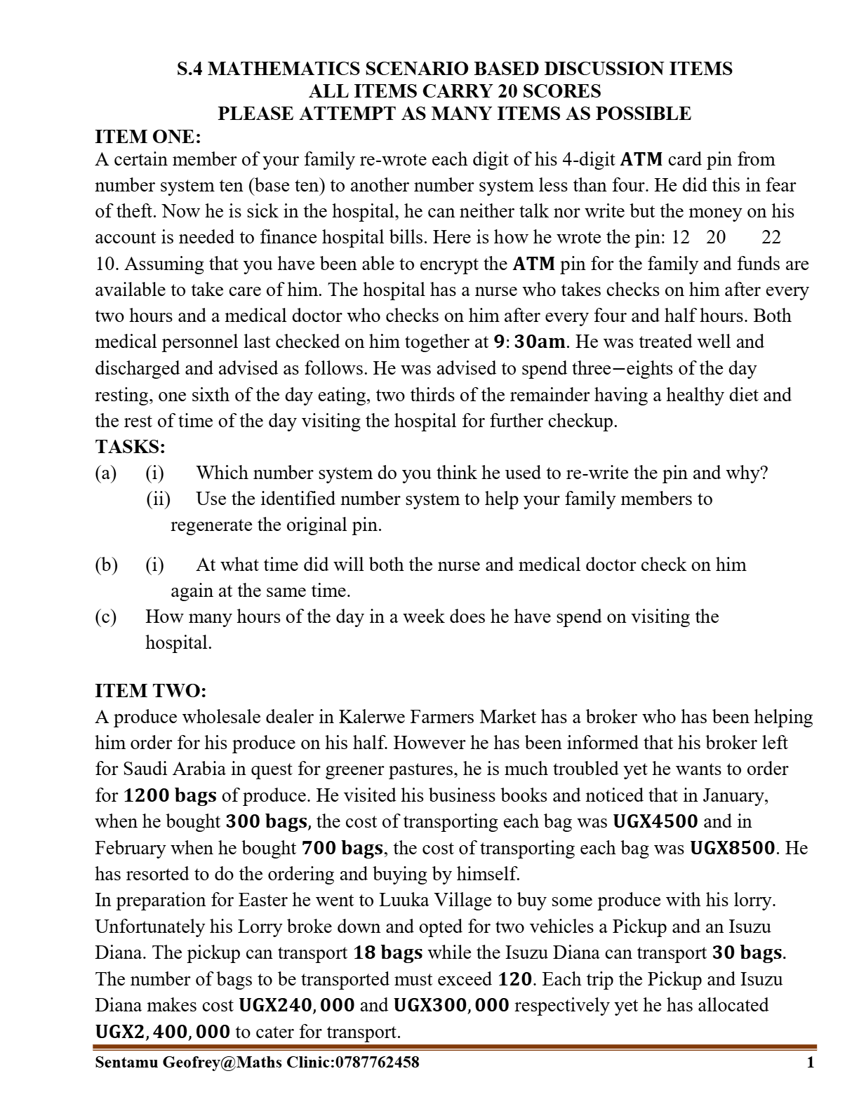 S.4 MATHEMATICS SCENARIO BASED DISCUSSION ITEMS