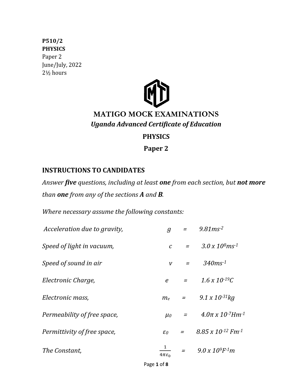 matigo mock examinations uganda advanced certificate of education physics paper 2 june july 2022