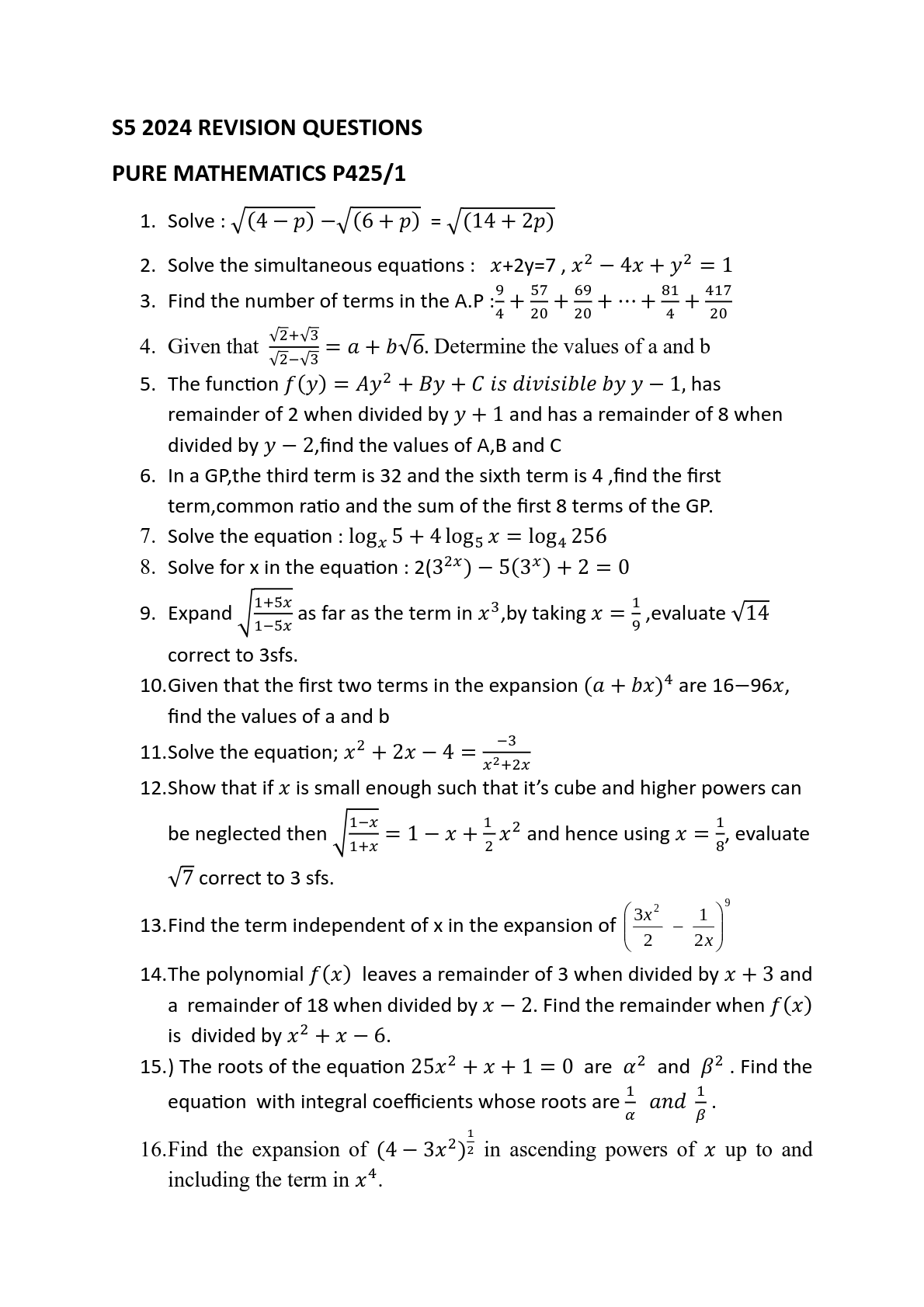 s 5 2024 revision questions pure mathematics paper 1