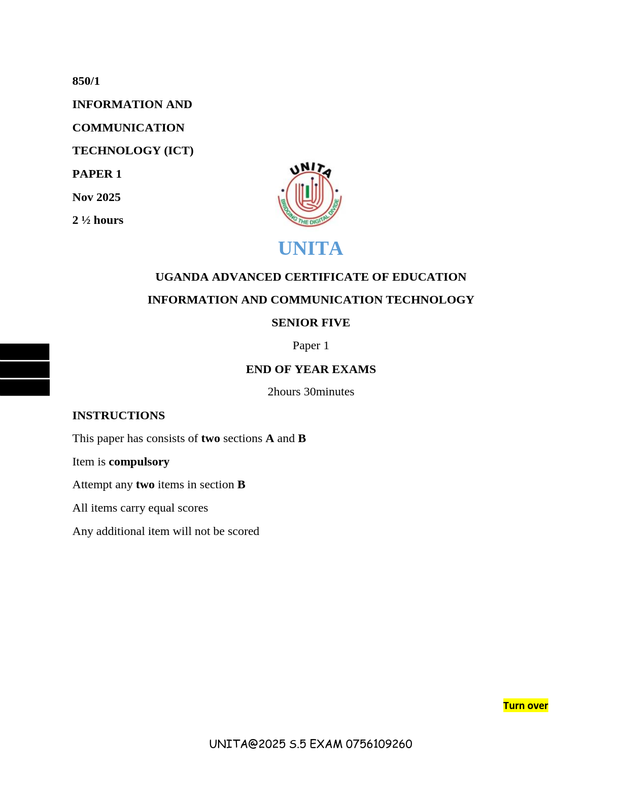 s5 ict past paper 2025 unita uace