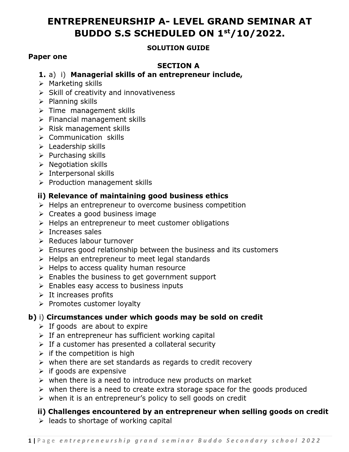 buddo secondary school a level entrepreneurship seminar 2022 uace