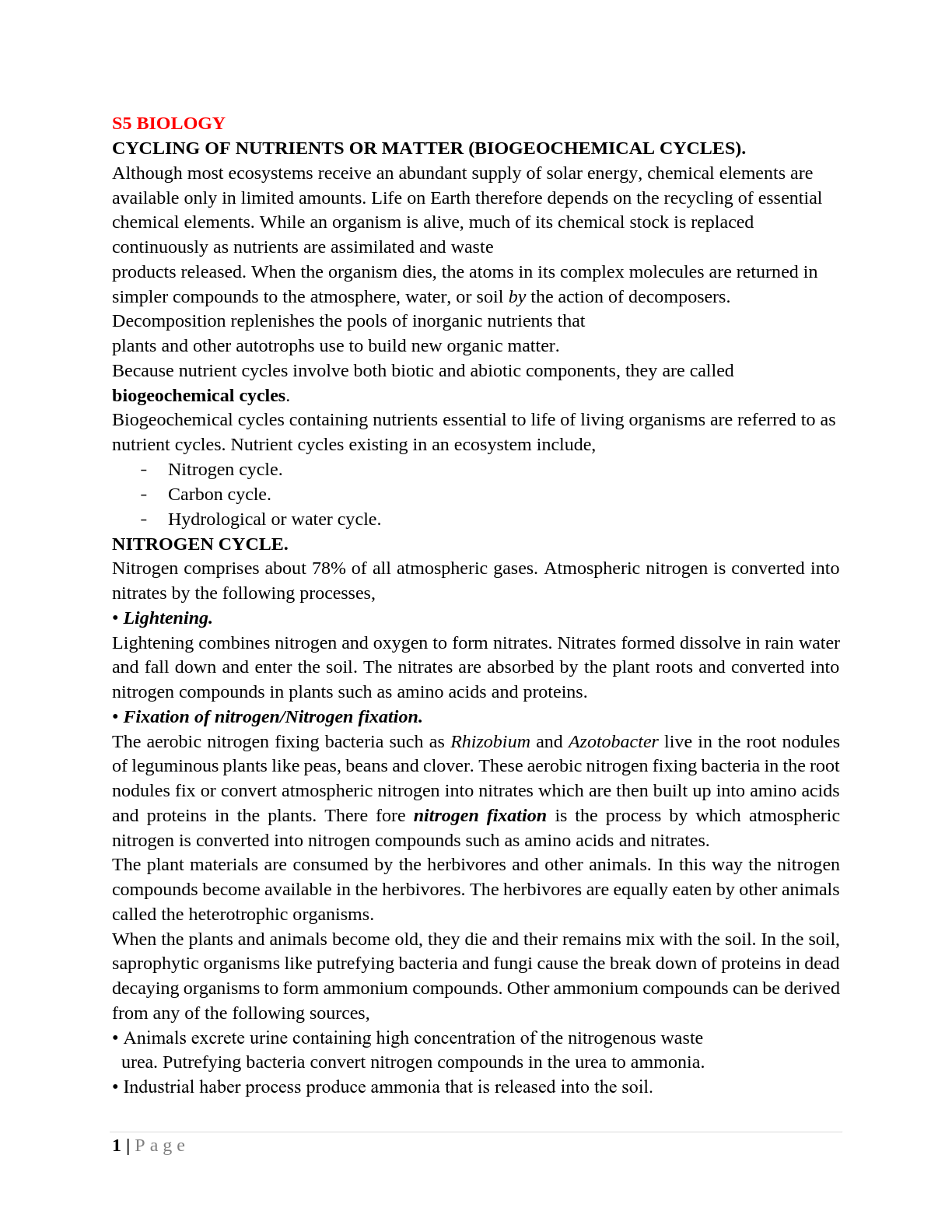 s5 biology notes cycling of nutrients or matter biogeochemical cycles