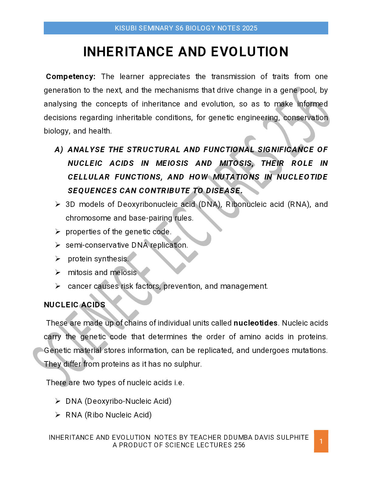 GENETICS AND INHERITANCE BY TEACHER DDUMBA SULPHITE