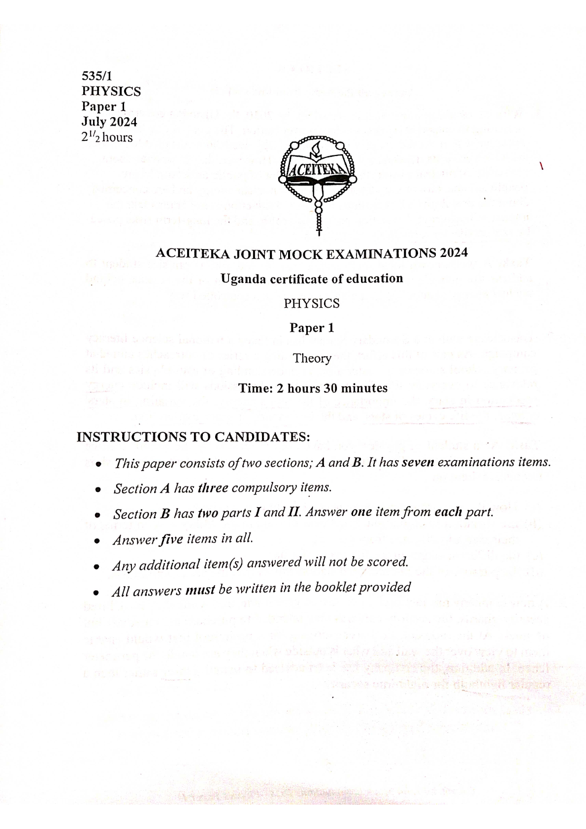 aceiteka physics paper 1 theory o level