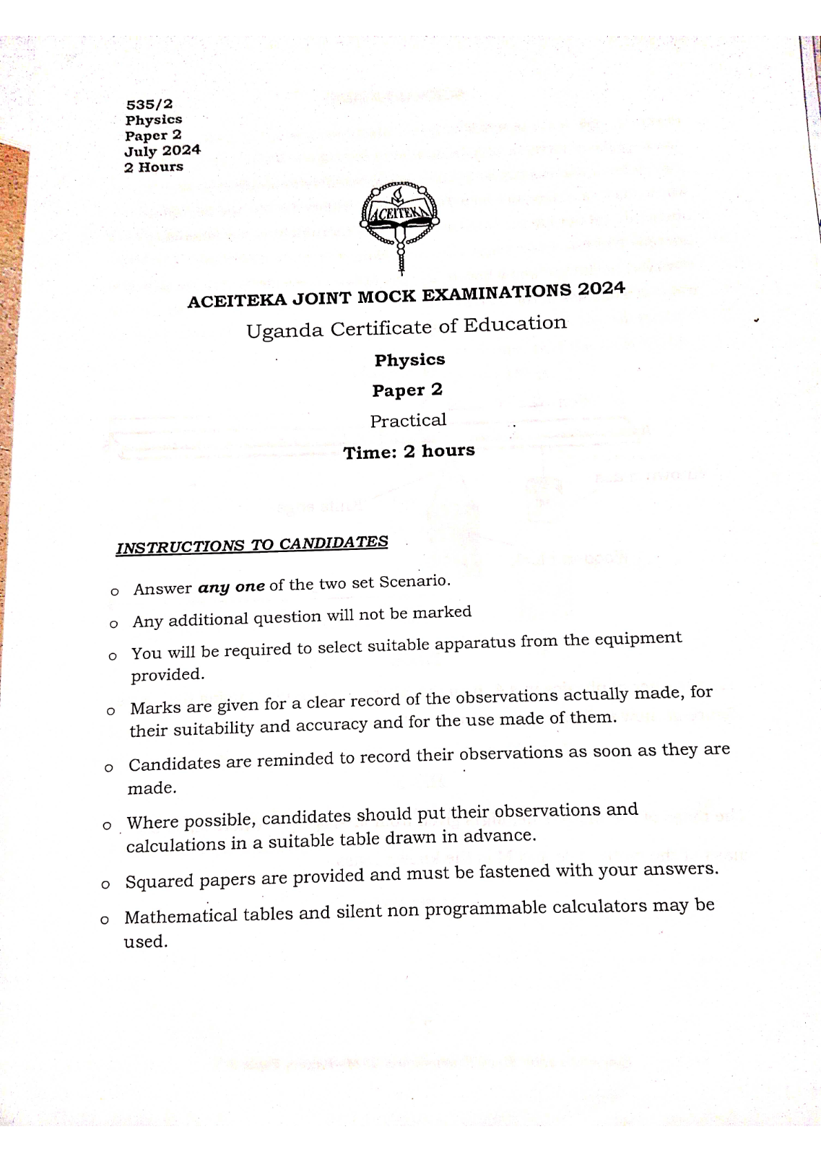 aceiteka physics paper 2 practical o level 2024