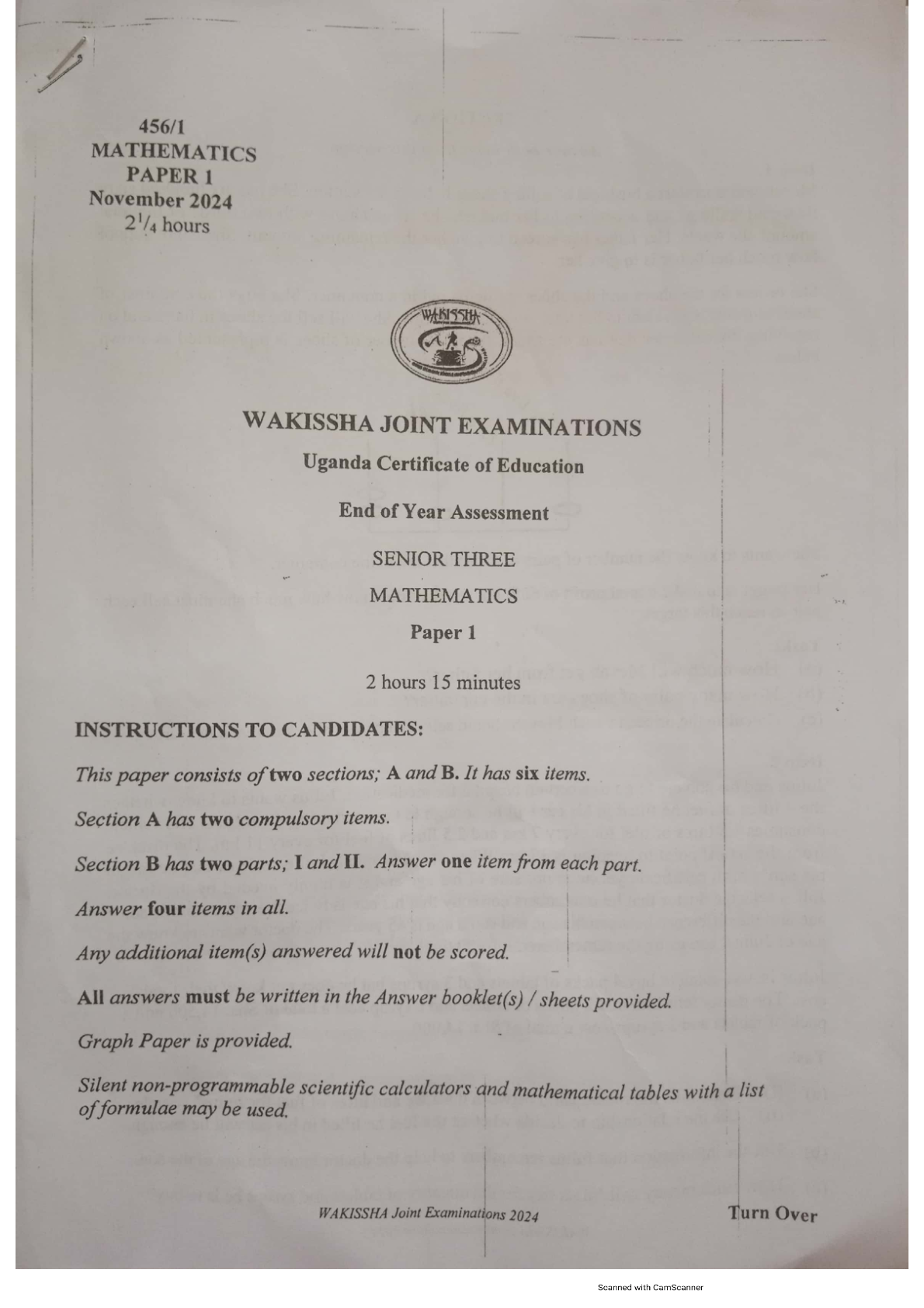 end of year examination wakissha s3 Mathematics 2024