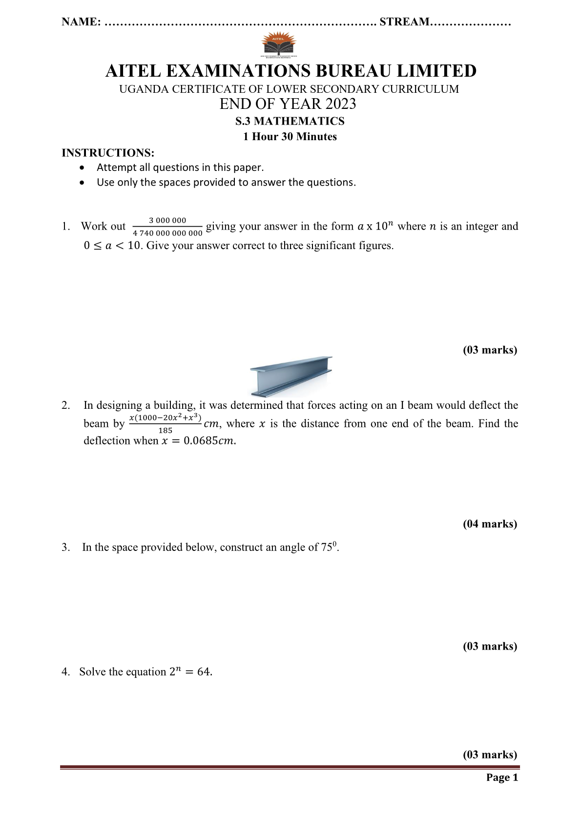 aitel examination bureau limited s3 mathematics end of year assessment
