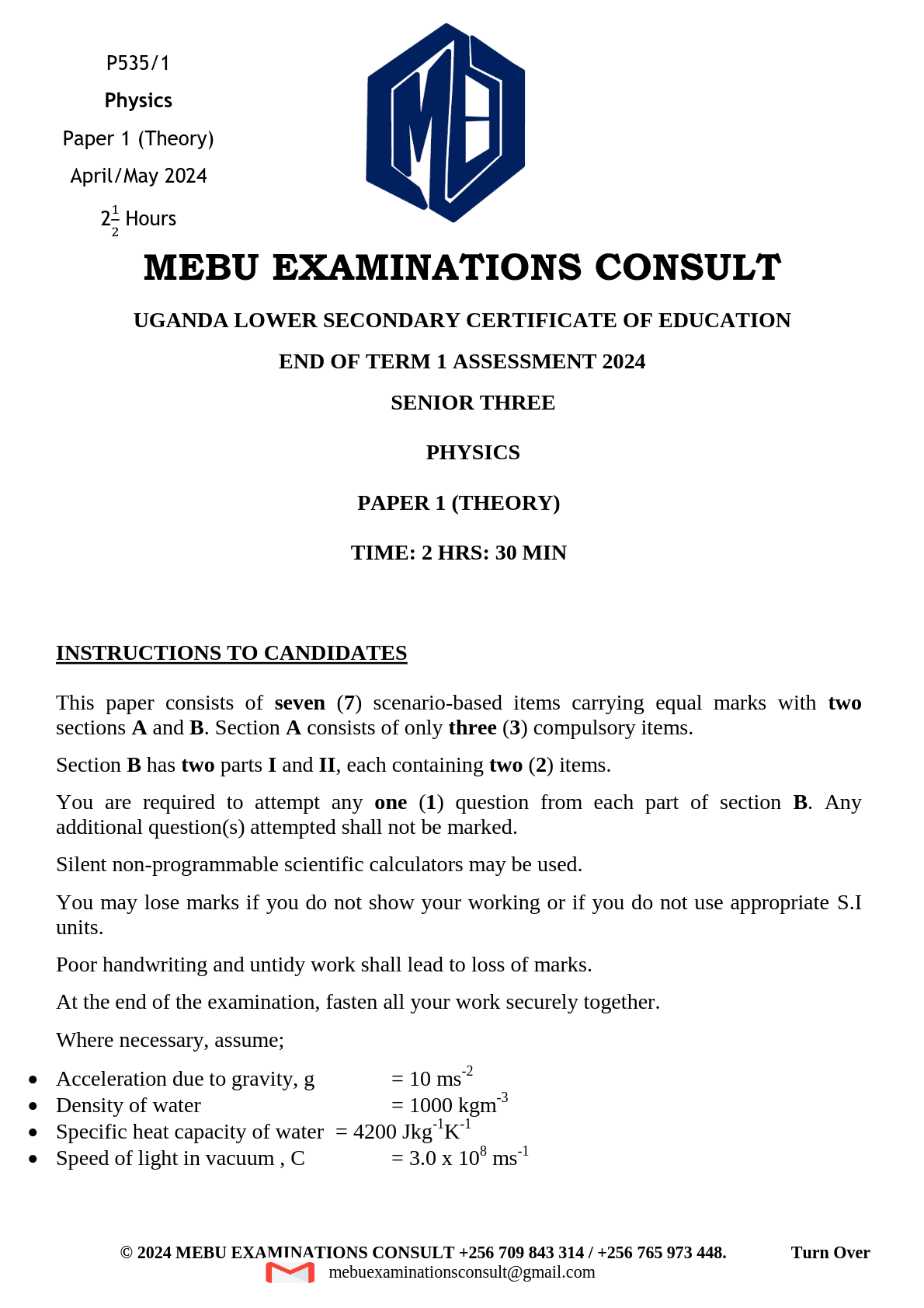 mebu examinations consult end of term 1 assessment 2024 physics senior three paper one theory