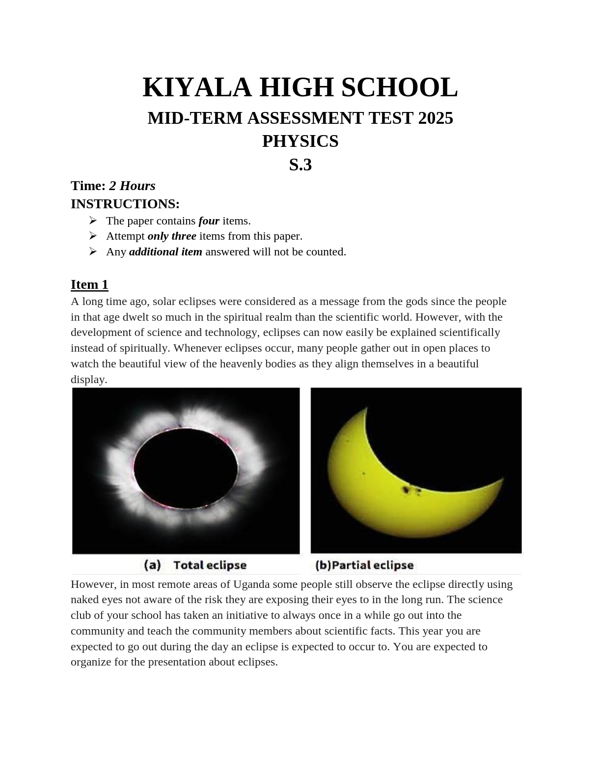 kiyala high school s 3 physics mid term new curriculum assessment test 2025