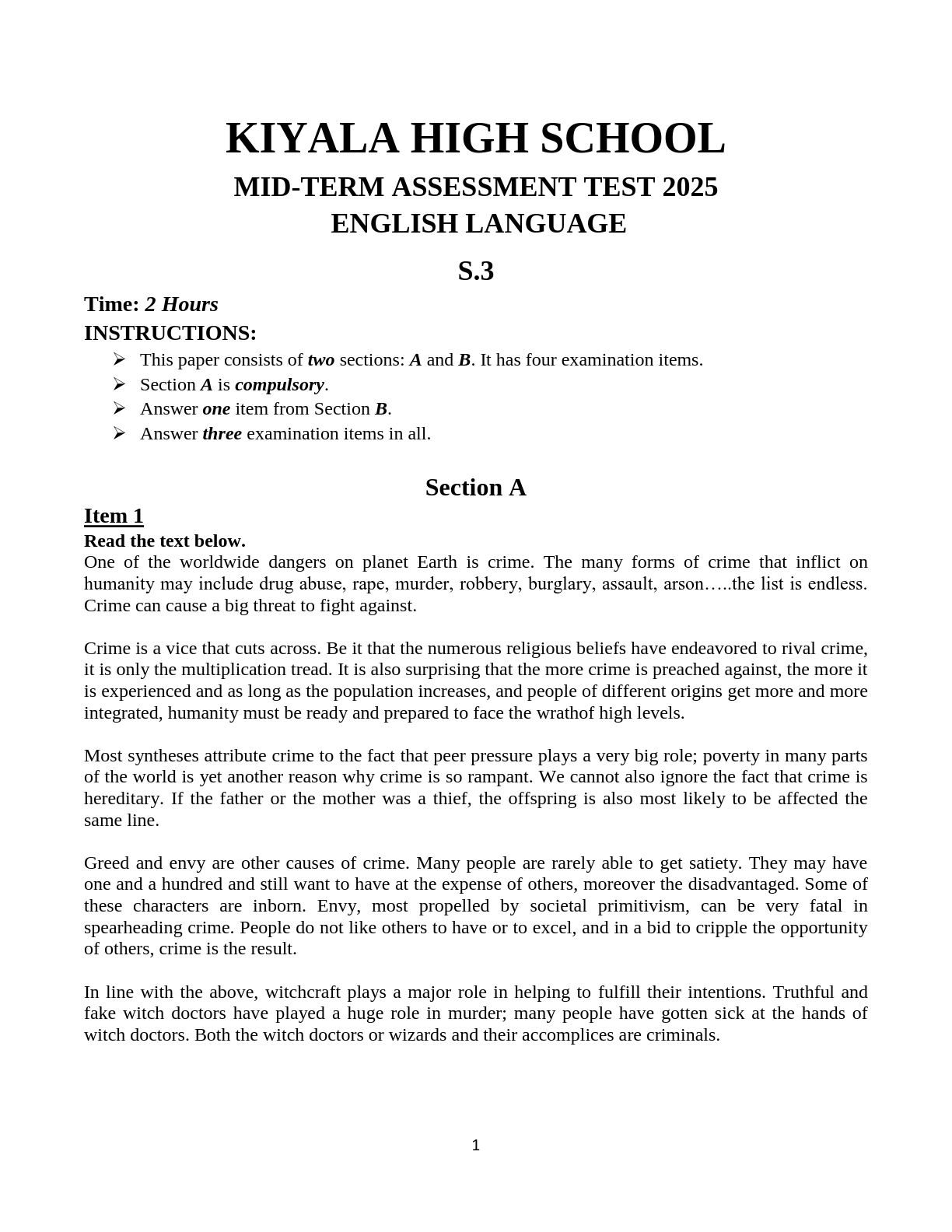 kiyala high school s 4 english mid term new curriculum assessment test 2025