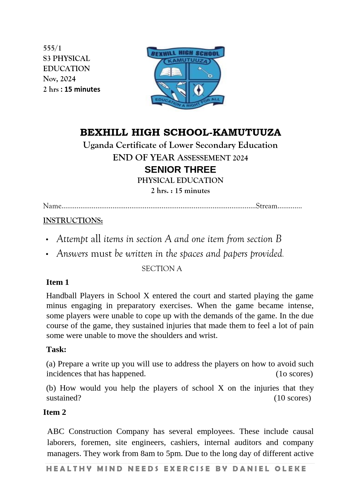 bexhill high school kamutuuza PE end of year assessement 2024 senior three