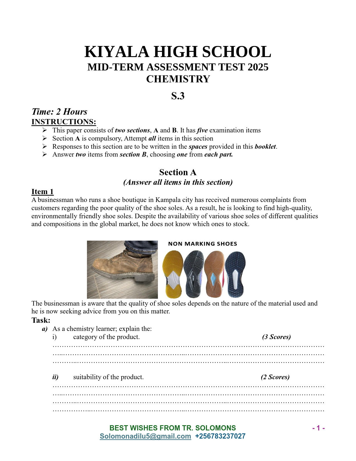 kiyala high school mid term assessment test 2025 chemistry s 3