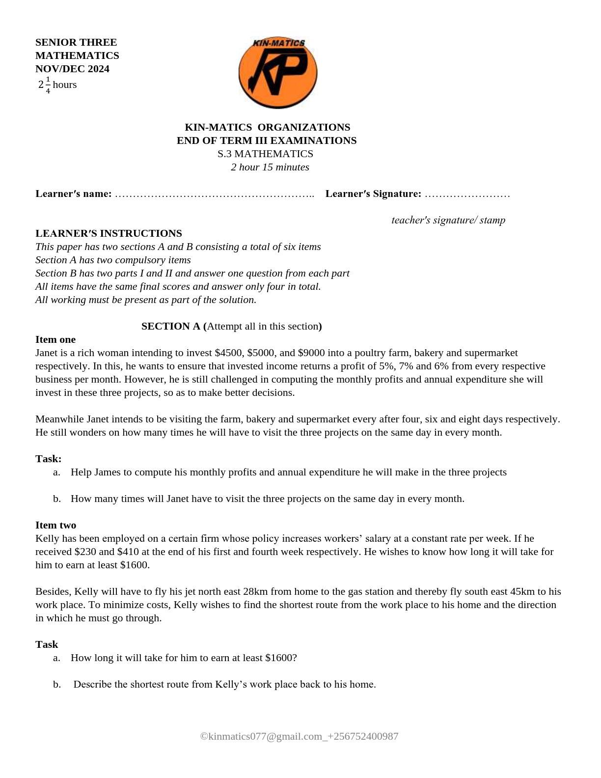 kin matics organizations end of term iii examinations s 3 mathematics