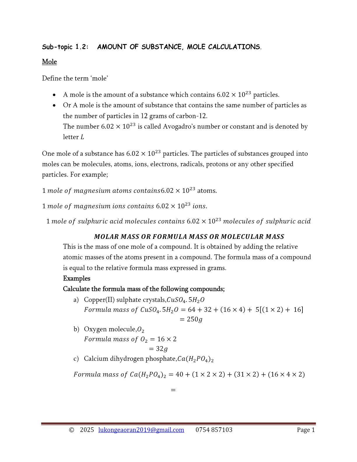 MOLE CALCULATIONS FOR S.5 NEW CURRICULUM 2025 PDF