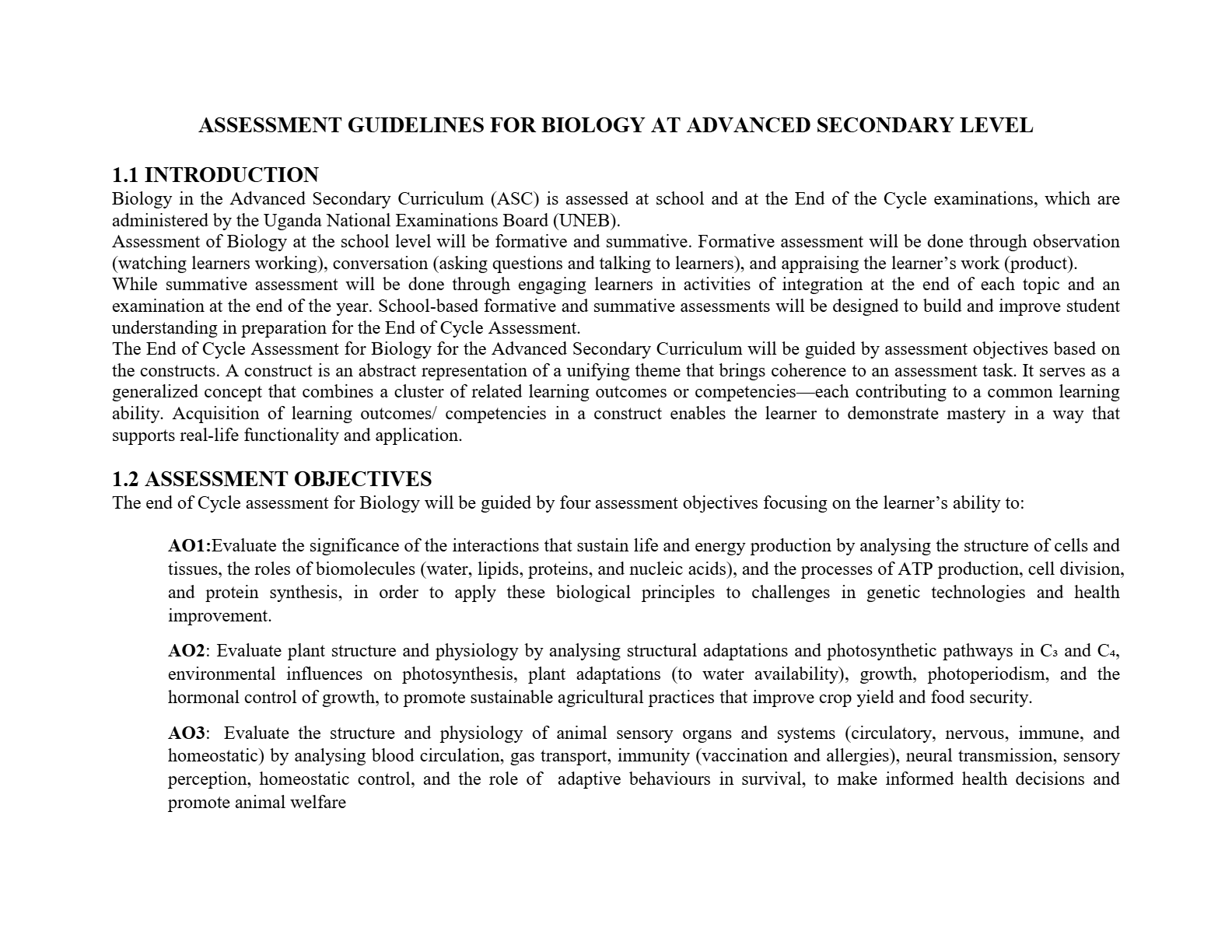 Biology Assessment Guidelines Advanced Level