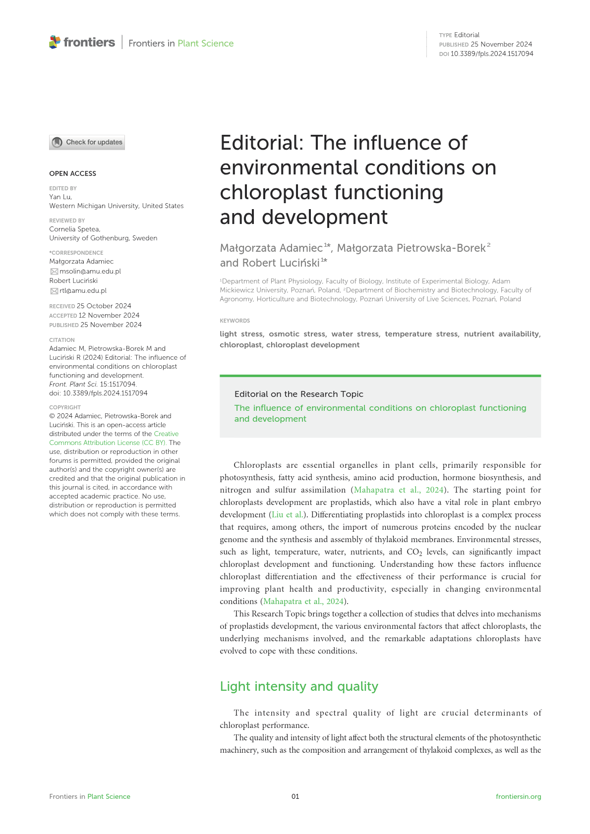 The influence of environmental conditions on chloroplast development and photosynthetic efficiency -Nutrition in plants
