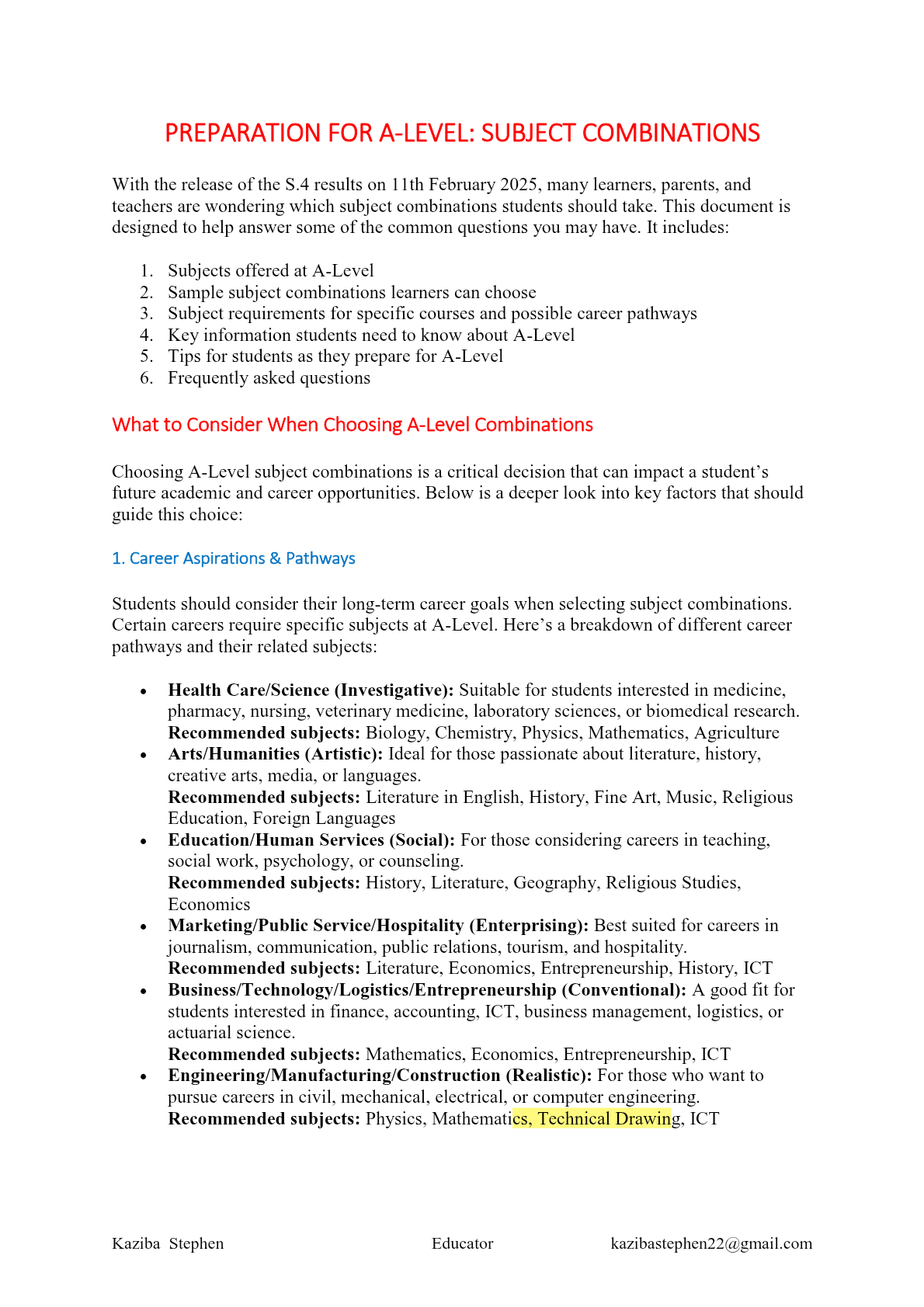 A level subject Combinations guidance by Kaziba Stephen