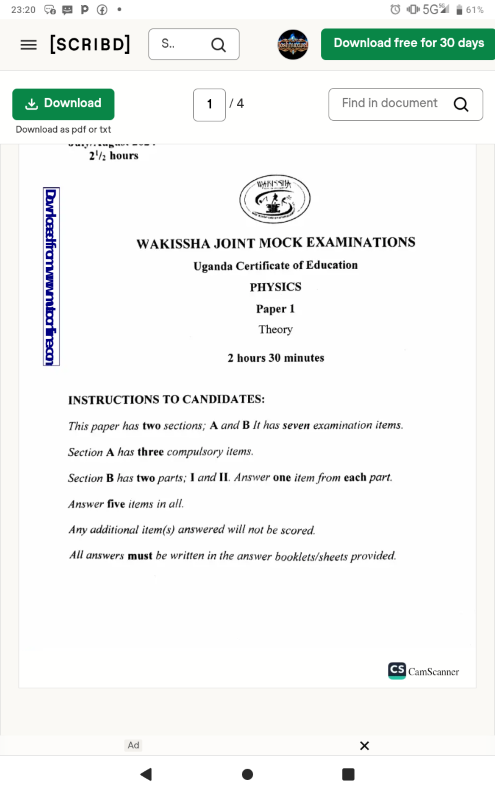 UNEB physics 2025 paper 1