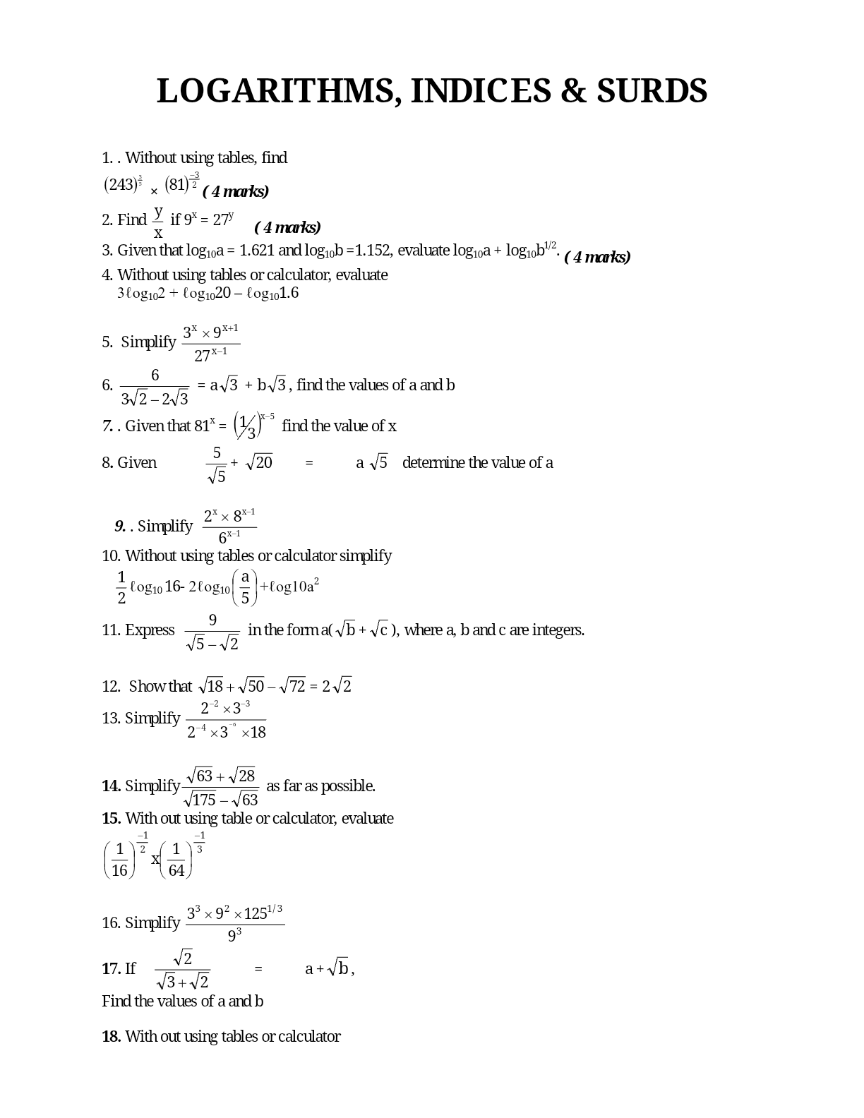 SURDS, LOGS & INDICES