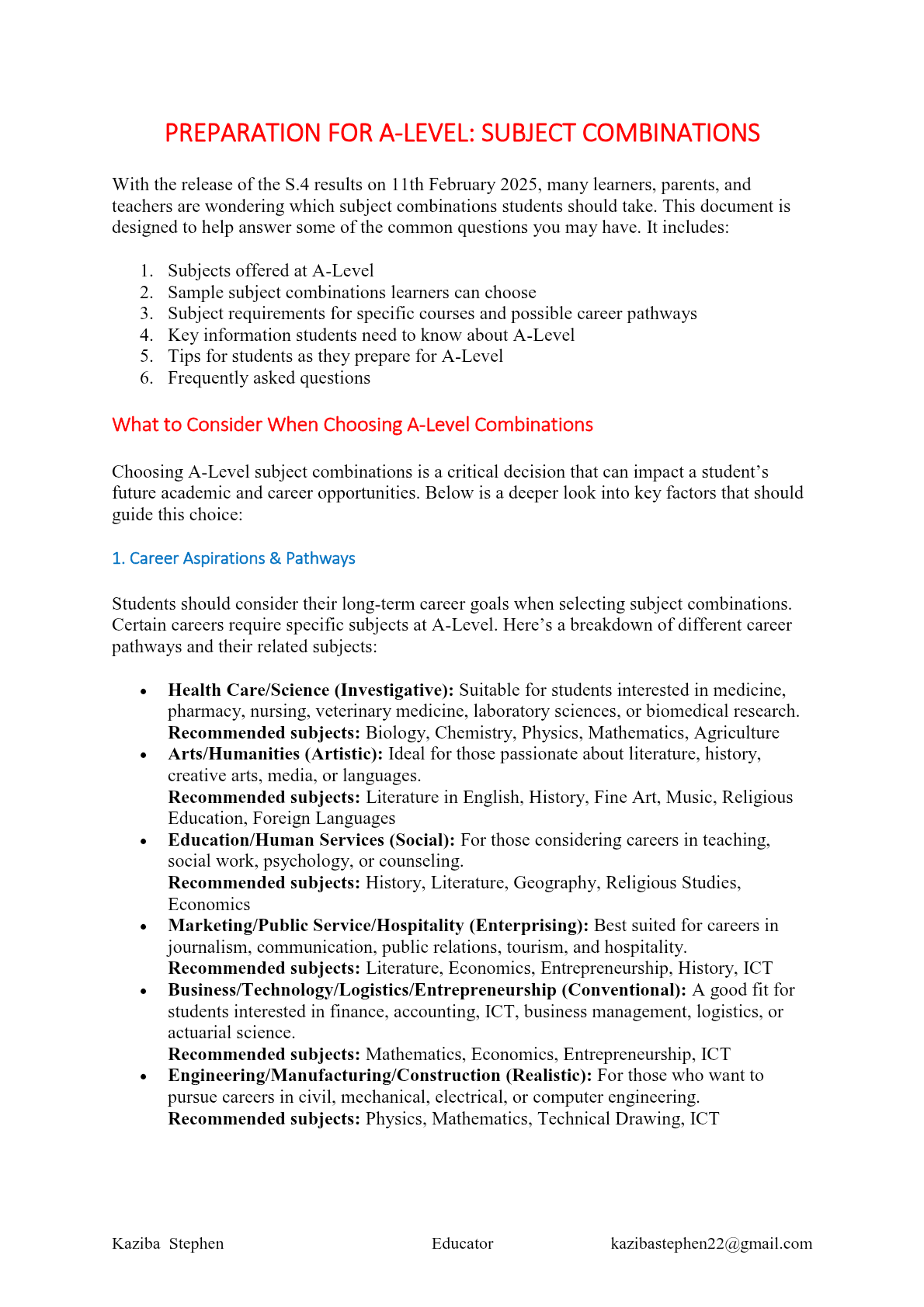 A level subject Combinations guidance by Kaziba Stephen
