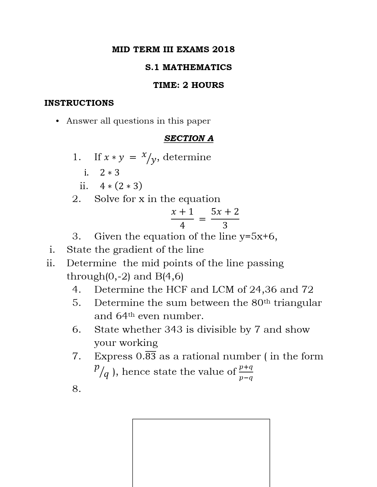 S_1 MATHEMATICS  MID TERM III EXAMS 2018
