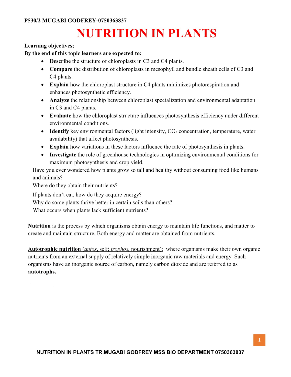 NUTRITION IN PLANTS 2025 S.5 CBC