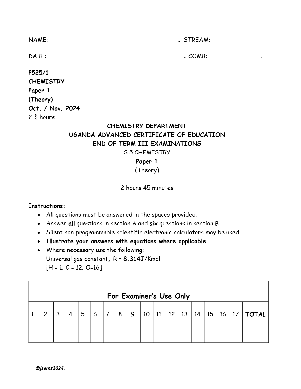 S5 CHEMISTRY PAPER 1
