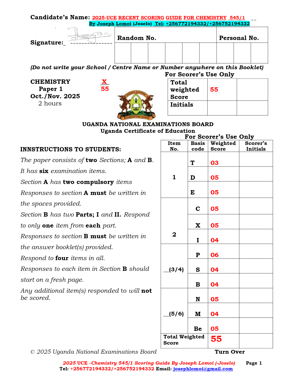 2025-UCE SCORING GUIDE FOR CHEMISTRY  545-1 By JOSELO.