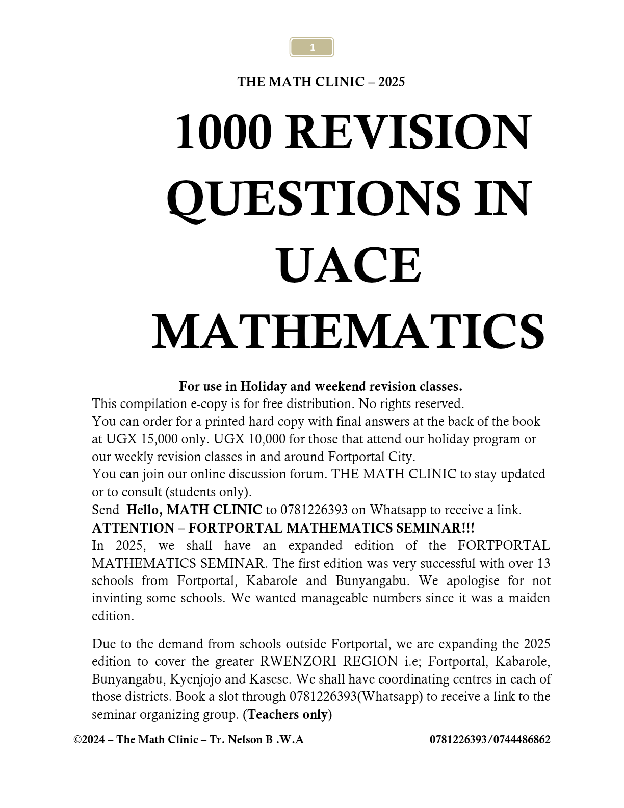 1000 PROBLEMS IN UACE MATHEMATICS E -VERSION