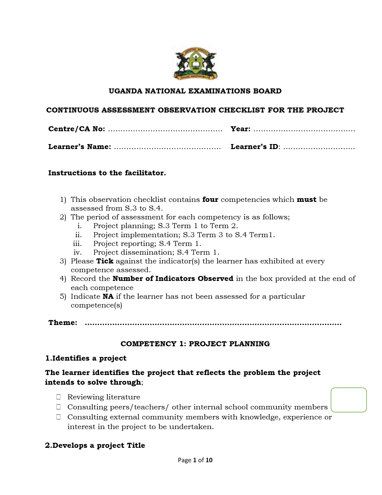 UNEB PROJECT CHECKLIST