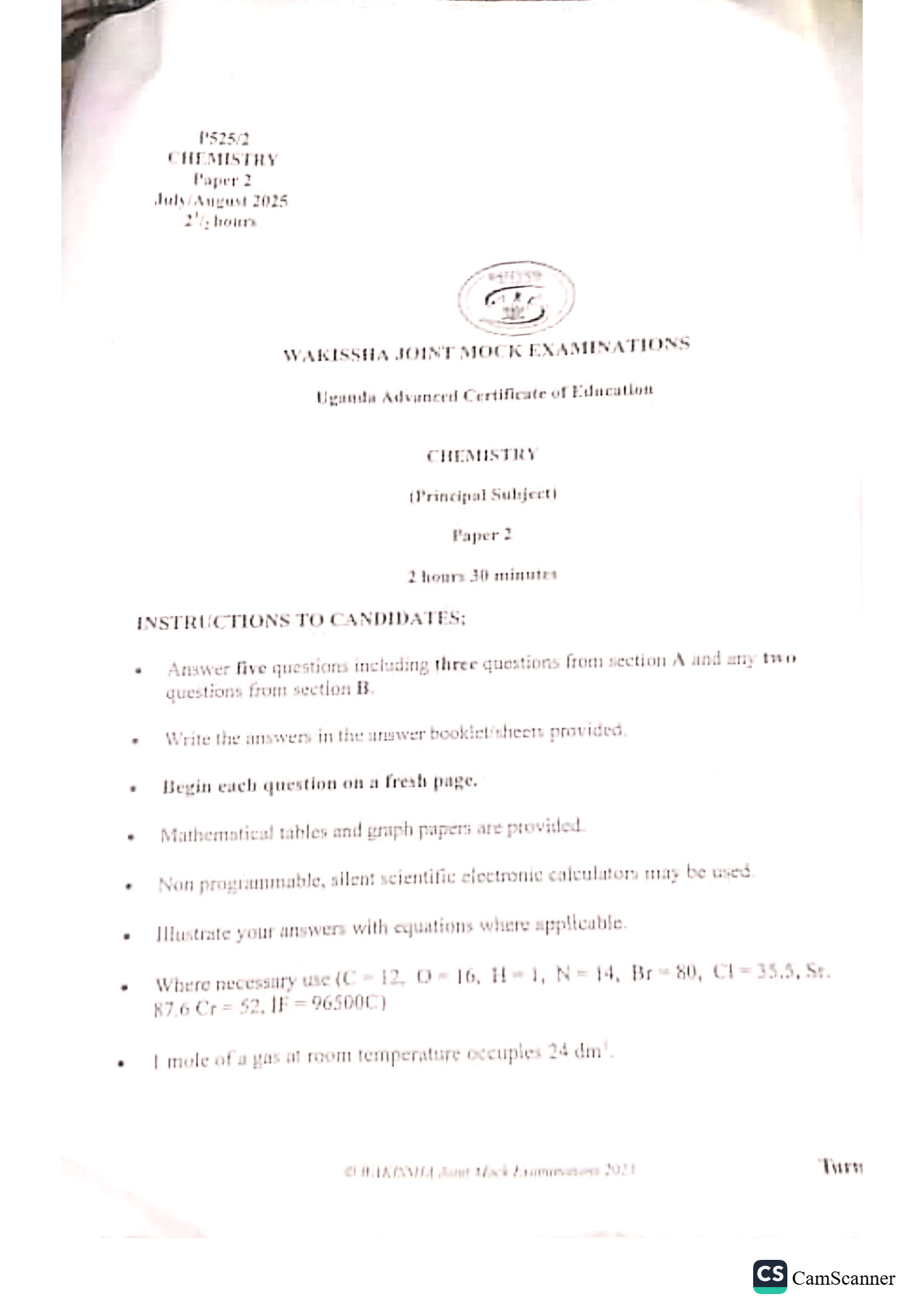 wakissha chemistry paper 2 2025