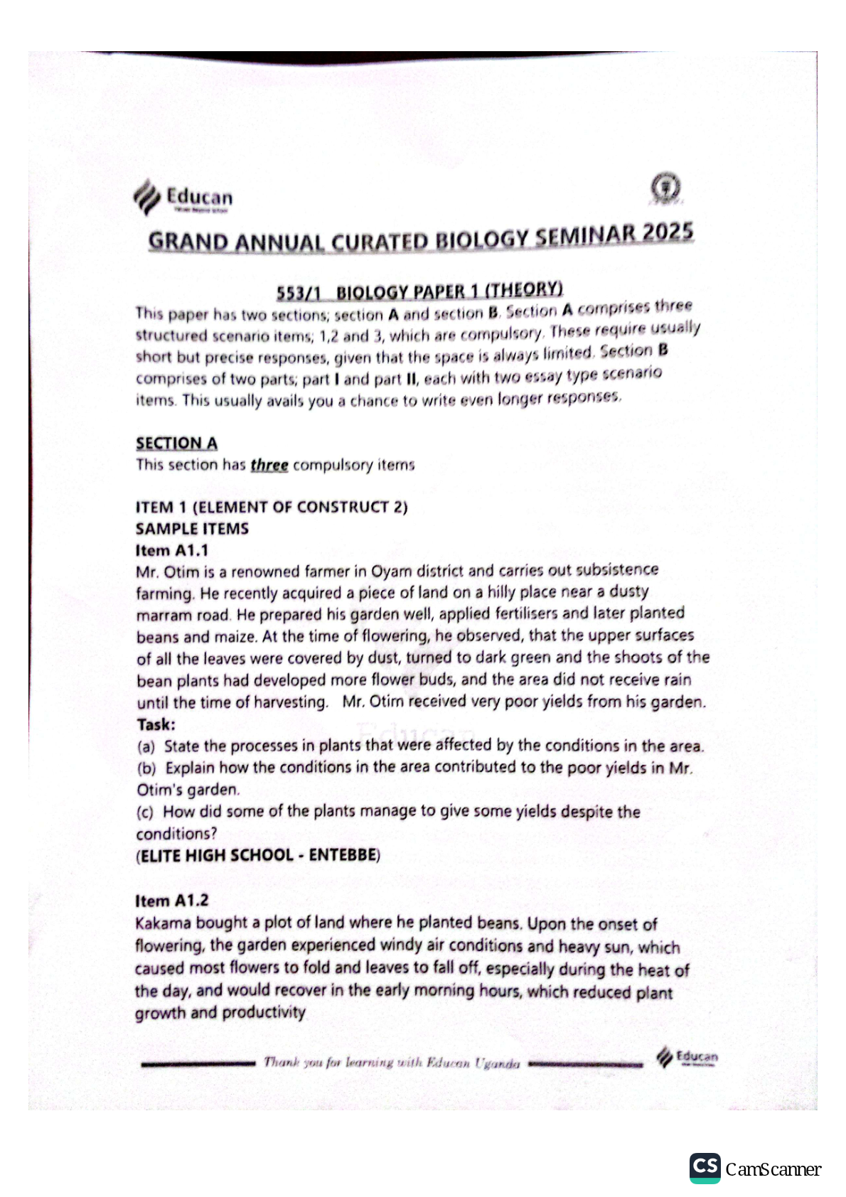 Biology seminar items and solutions