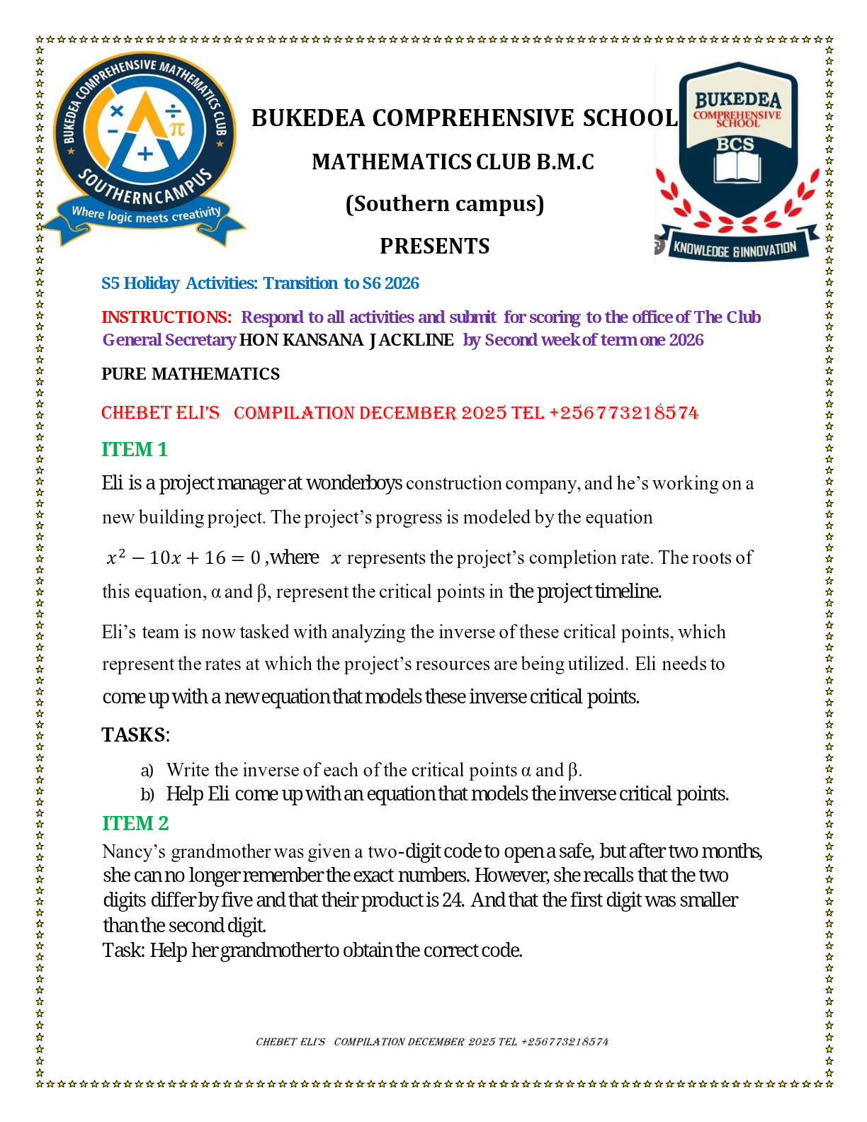 S5 HOLIDAY ACTIVITIES