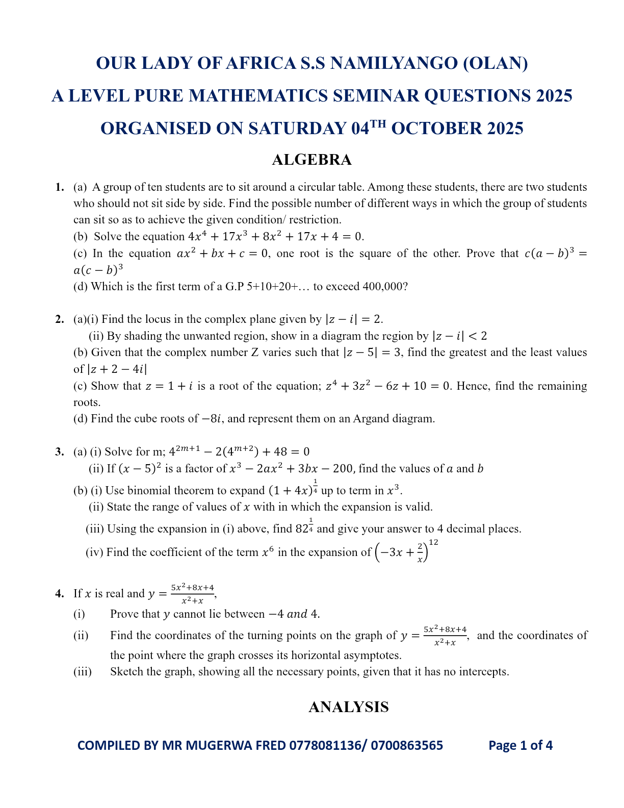 PURE MATHEMATICS SEMINAR QUESTIONS 2025
