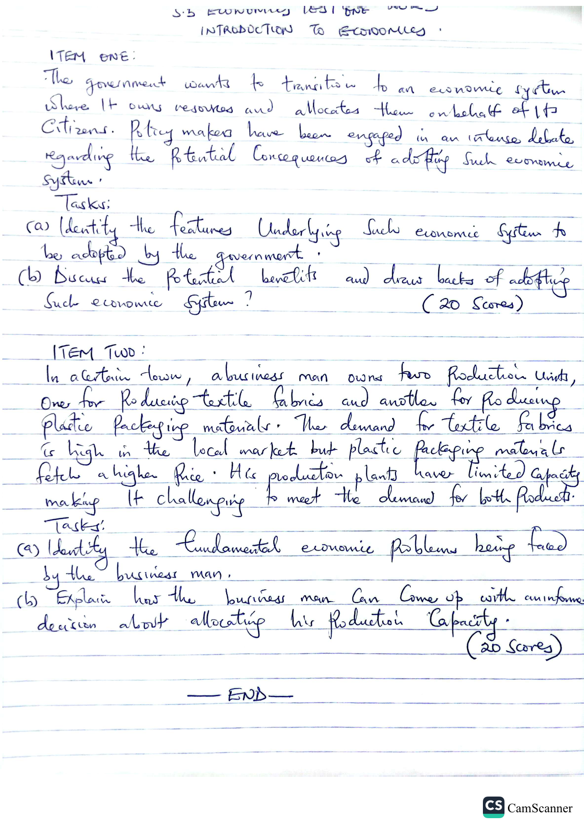 S.5 ECONOMICS On Introduction to Economics