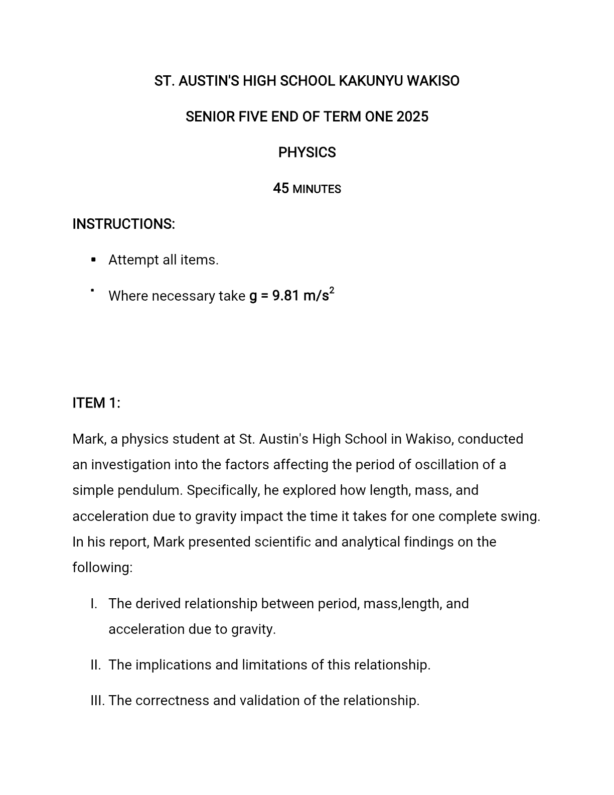 senior five end of term one 2025 physics staustins high school - exoticnotes.com