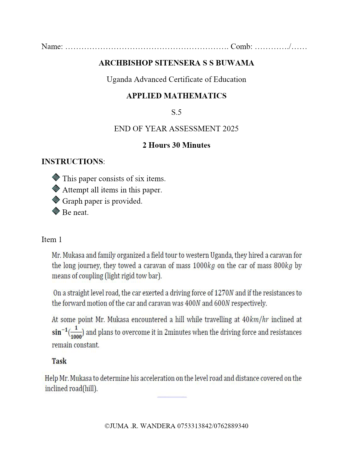 S.5 Mathematics new curriculum exam