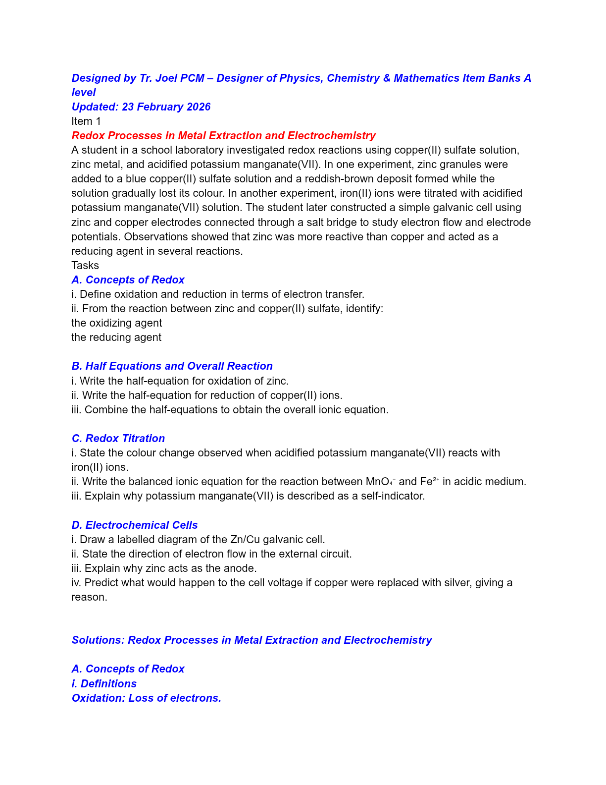 Chemistry-A level Redbox reaction